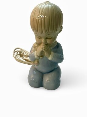 Vintage Enesco Blue Ceramic Praying Boy Figurine Night Light